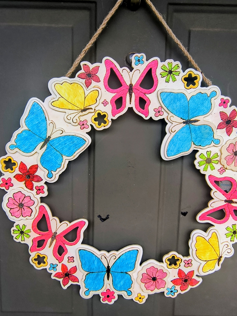 Hand Crafted Butterfly Floral Wreath - Blue, Pink, Yellow